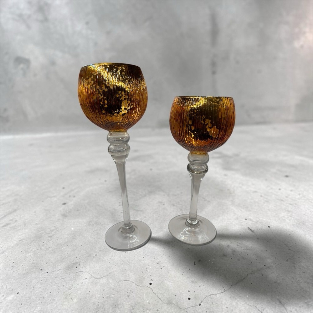Set Of 2 Amber Goblets Speckled Mercury Glass Tall Midcentury-Style
